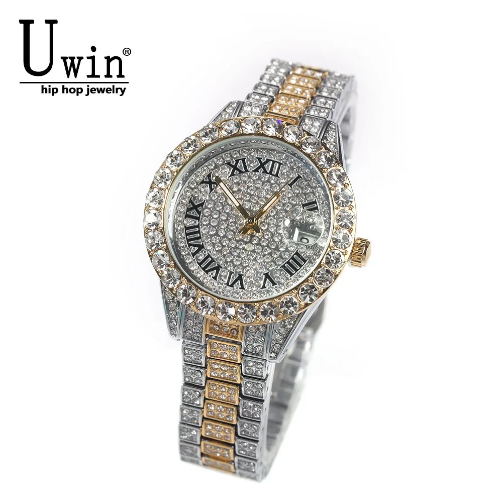 Uwin Women\'s Watch Baby Pink Iced Out Quartz Clock Small Dial Luxury Rhinestone Waterproof Wrist Watch Small Size For Women