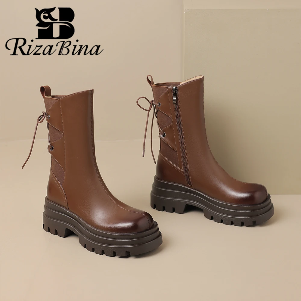 

RIZABINA Genuine Leather Women Ankle Boots Chunky High Heel Zipper Platform Chimney Boots Lace-Up Winter Ladies Shoes Handmade