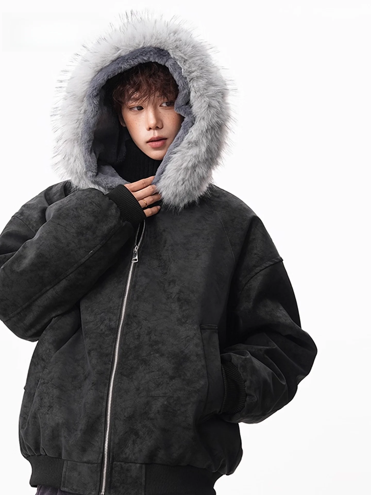 

American Sle Loose Fit Thiened Fce Lined Hooded Jaet Men's Winter Warm PU Leather Coat with Fur Collar Trendy Casual