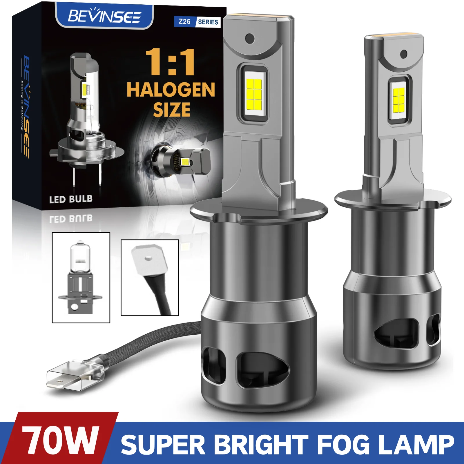 

BEVINSEE H3 H1 LED Car Fog Light Bulbs 70W 12000LM H27 880 881 H11 9005 HB3 9006 HB4 Canbus LED Fog Lamps Mini Size Wireless 12V