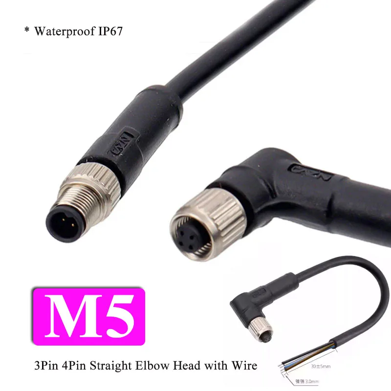 Waterproof M5 3Pin 4Pin Straight/Elbow Male Female Connector Cable IP67 M5 3/4 Core Aviation Plug Socket Sensor with Line 0.3-5M