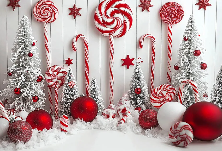 Mehofond Christmas Candyland Photography Backdrop Newborn Birthday Party Snow Balls Lollipops Trees White Background Photozone