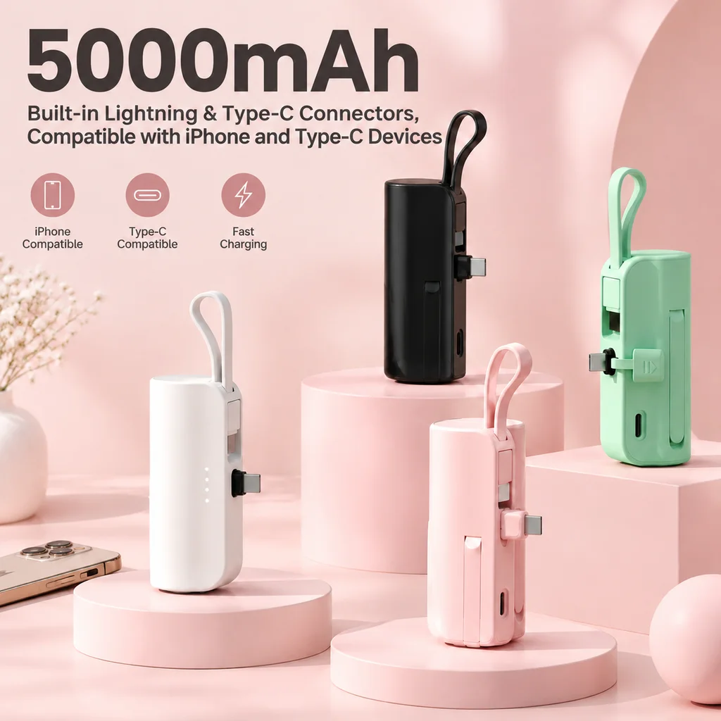 PURFIELD 5000mAh Mini Capsule Power Bank, 3.7V portable battery, backup charging power for iPhone, Huawei, Type‑C smartphones