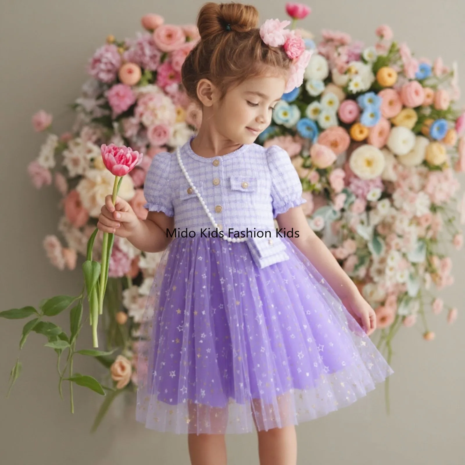 Kids Girls Sweet Star Mesh Dress Short Sleeve Party Dress With Small Bag For Toddlers for 4-7Y