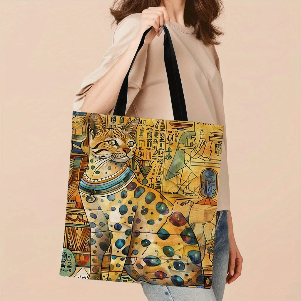 1pc Ancient Egyptian Cat Printed Canvas Tote Bag, Lightweight, Shopping Bag With Sturdy Black Handles