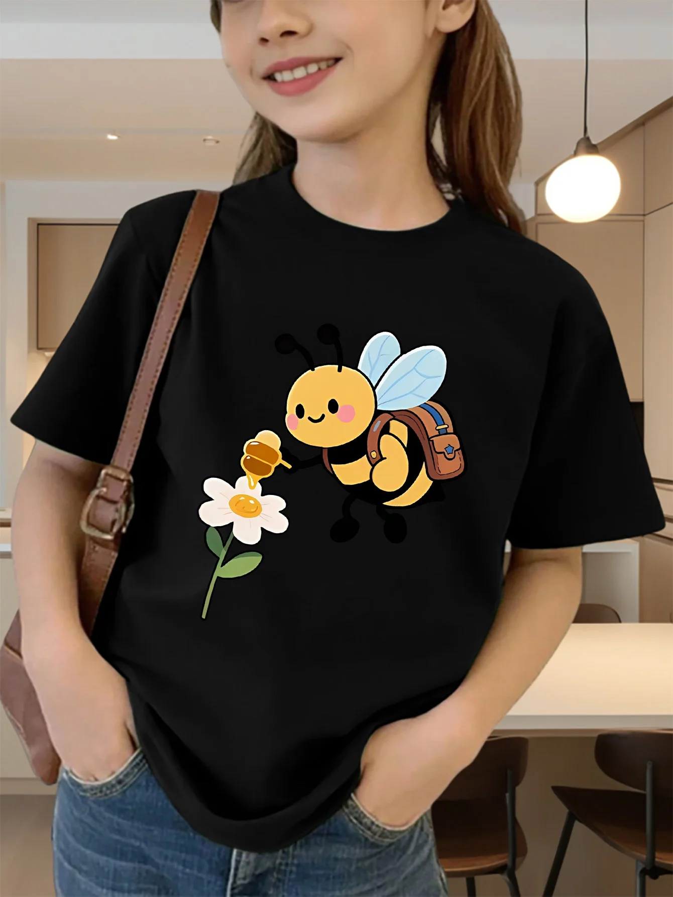 Backpack Bee Flower Cartoon Print Boys Girls T Shirt Sweet Insect Kids Tee Parent Child Matching Casual Summer Family Daily Tops