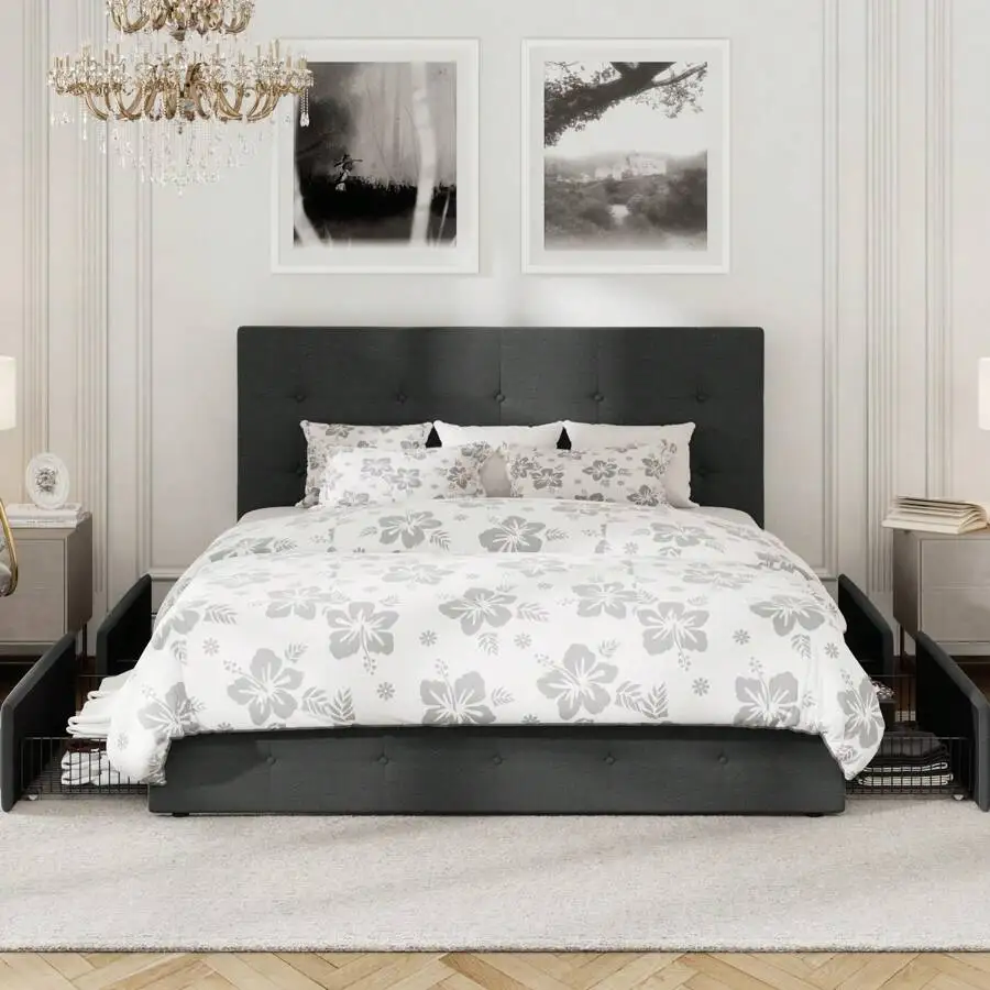 Full/Queen/King Platform Bed Frame With 4 Storage Drawers, Adjustable Headboard, Faux Leather Button Tufted Square Stitched Design, Wooden Slats, Noise-Free, No Box Spring Needed, Easy Assembly, Dark Grey
