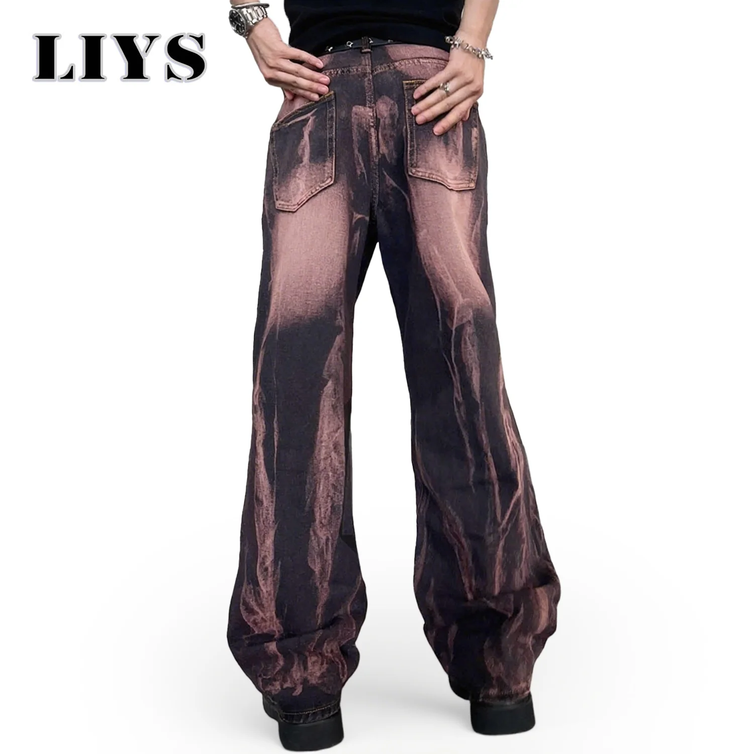 

New Fashion Men's Wide Leg Jeans Casual Loose Jeans Tie Dye Gradient Brownish Red Mens Pants Trousers Male Brand Clothing