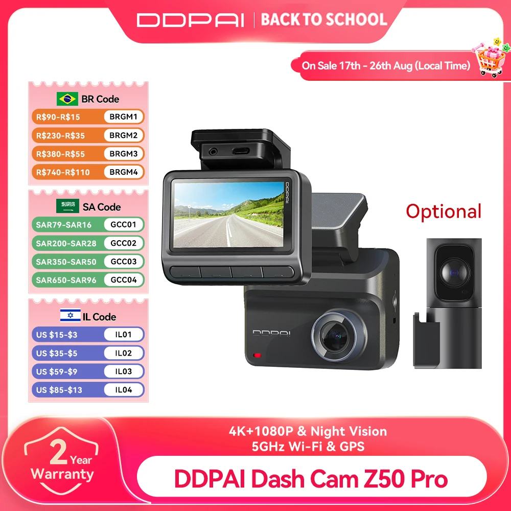 Kamera samochodowa DDPAI Z50 Pro 4K, dwukanałowy rejestrator DVR, 3-calowy ekran IPS, wbudowany GPS, WiFi, ADAS, noktowizor, monitoring parkowania 24H