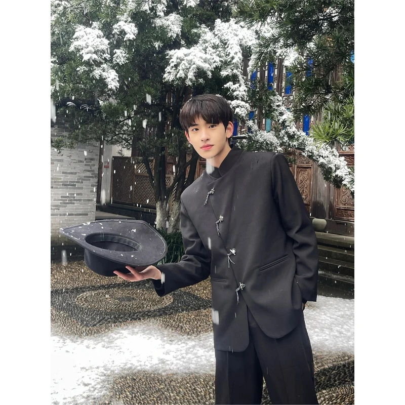 

Новая китайская мужская куртка с подплечниками, пиджак с воротником-стойкой, традиционный студенческий костюм Тан, повседневная верхняя одежда для улицы