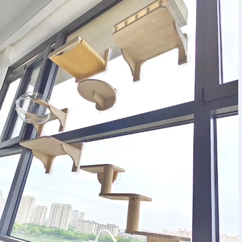 

Suction cup cat climbing frame Wall-mounted solid wood nest DIY cat scratching column No punching cat wall glass against wal