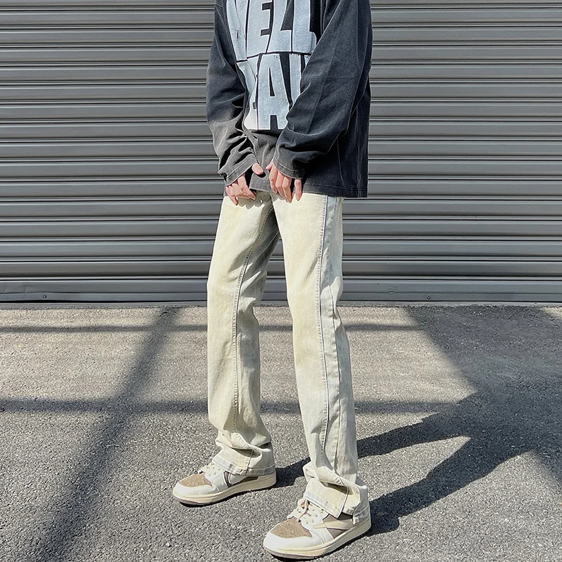 

American High Street Yellow Mud Color Men's Jeans Spring Summer Retro Waed Elastic Straight Leg Trendy Brand Haome