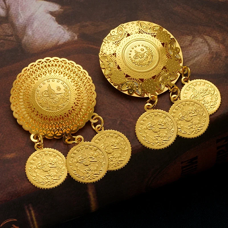 New Turkih Coin Brooch Pin Gold Pated Jewelry Pins for Women Arabic Middle East Wedding Brosch for Women Ethnic Bride Gifts