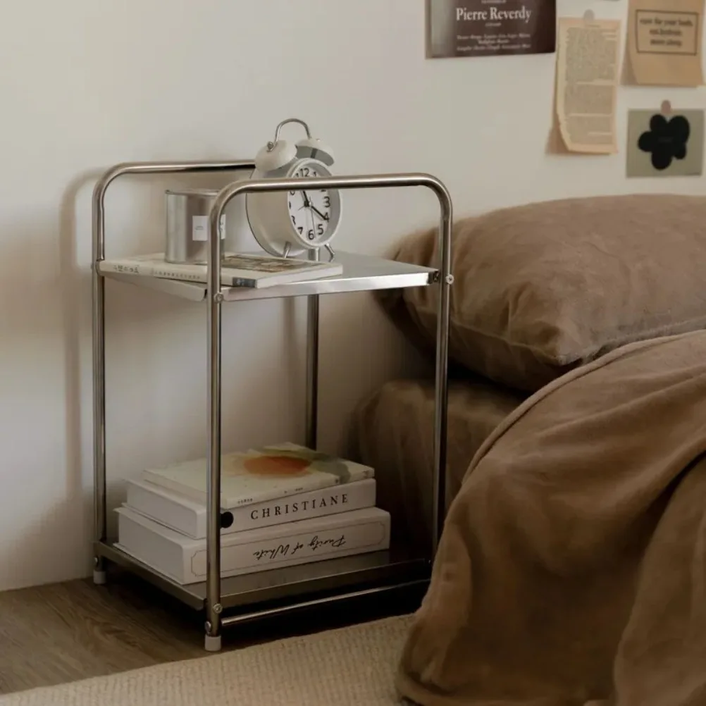 Stainless Steel Home Organizer Multi Functional Double-layer Shelf Gadgets Storage Shelf Bedroom Bedside Table Storage Shelves