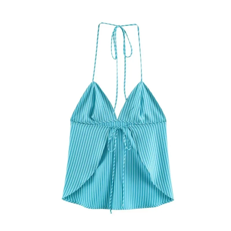 Fanan Willshela Women Fashion Blue Striped Backless Lace Up Tank Tops Vintage Halter Neck Sleeveless Female Chic Lady Tops