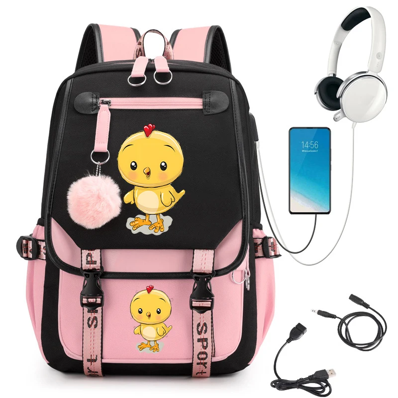 Lindas mochilas escolares con estampado de pollo para estudiantes, mochila de dibujos animados de Anime para adolescentes, mochila escolar para regreso a la escuela, mochila Usb