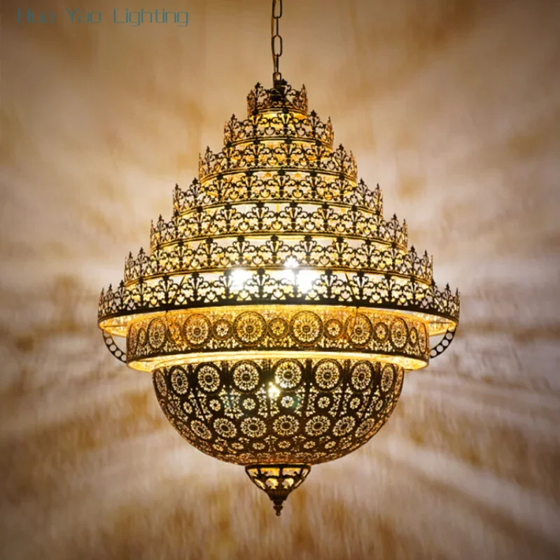 Saudi Arabia Classical Flame Pendant Light LED Zen Art Gold Lustre Hollow Carved Moroccan Lamp Hotel Buddha Hall Loft Restaurant