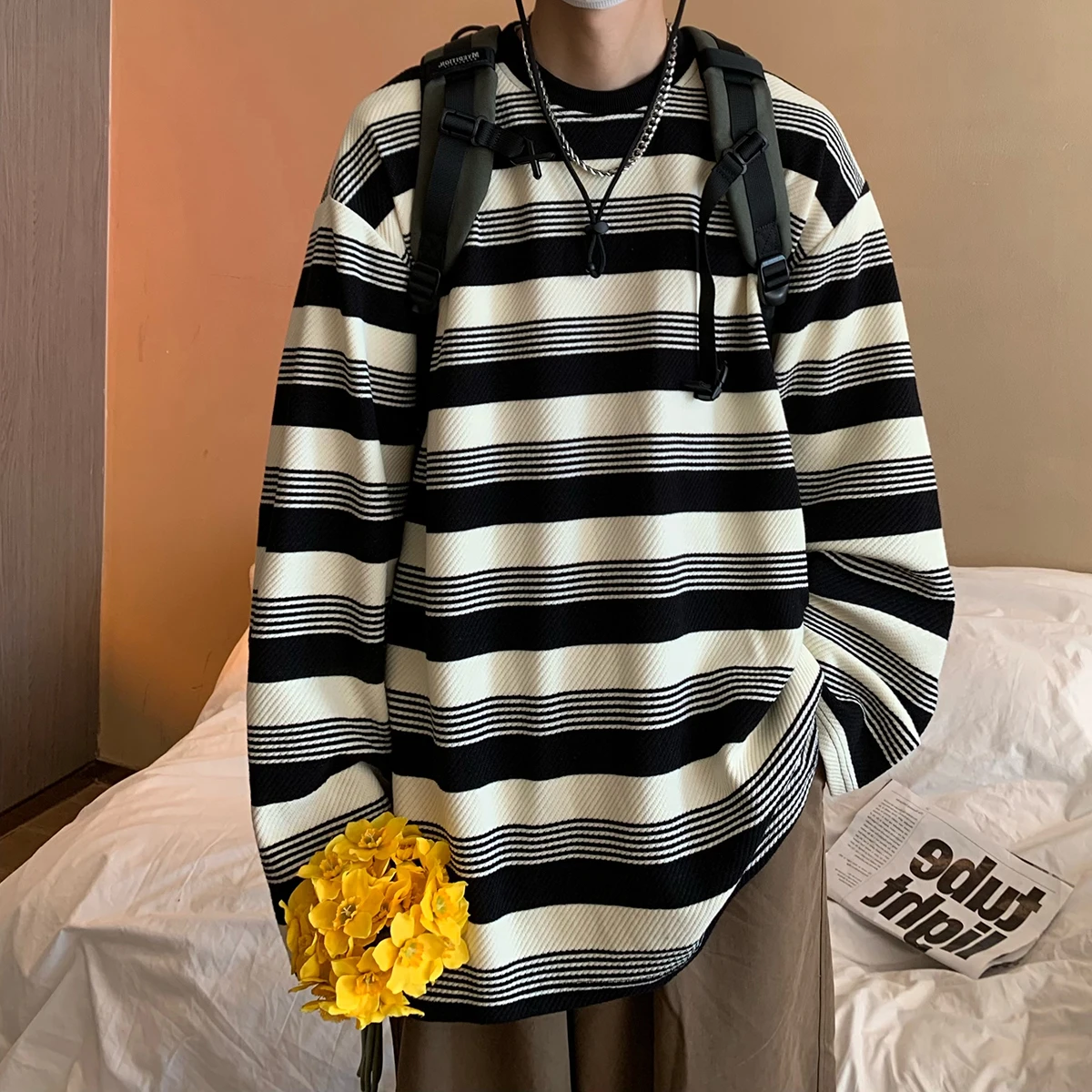 

Мужской осенний свитшот в американском стиле с круглым вырезом и полосками, модный брендовый свободный свитшот в уличном стиле, универсальная верхняя одежда