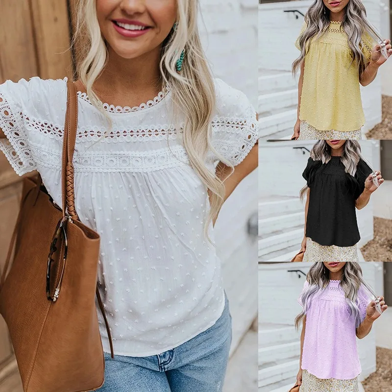 

Explosive European and American round neck lace crochet pompon short-sleeved casual blouse blouse woman