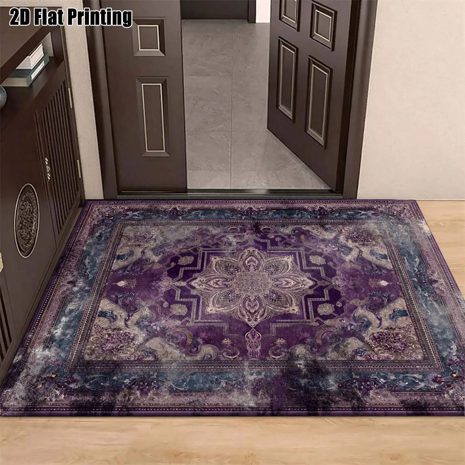 1Pc 2D Printed Retro Purple-Blue Floral Carpet: European, Bohemian, Geometric Style, Machine Washable, Multi-Size, Ideal for Entrance, Dining Room, Foyer, Bedroom, Living Room Home Decoration