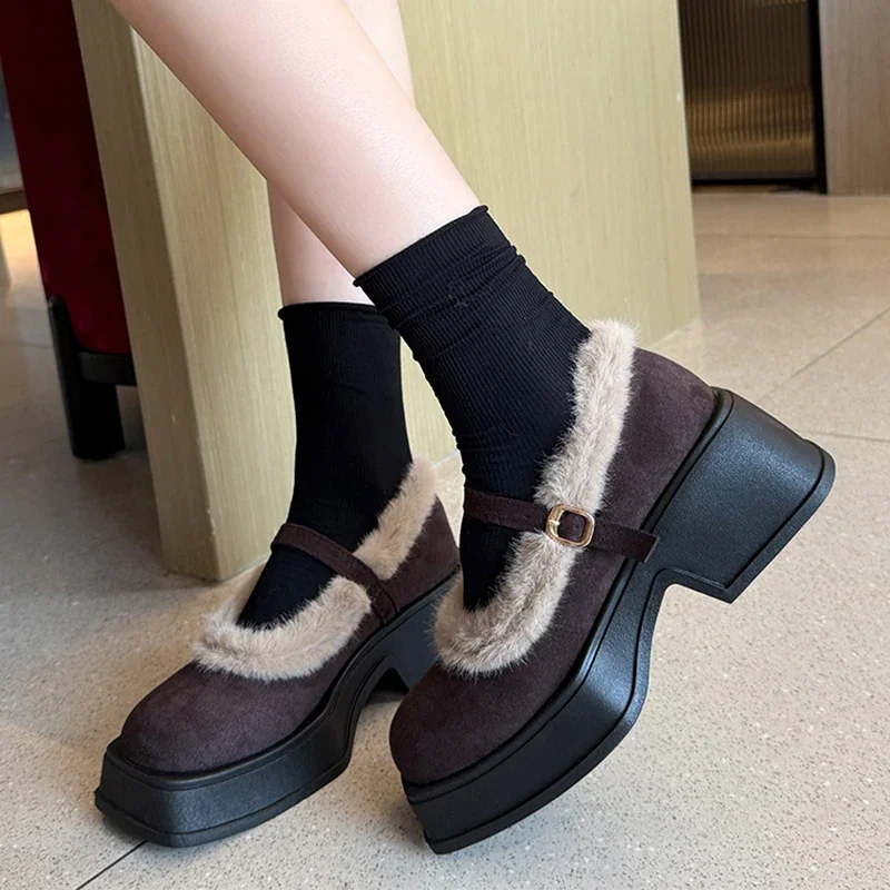 

2025 Autumn/winter New Women's Thickened Fce-lined Snow Boot Slippers Increased Heel High Top Fluffy Drags Rubber Outsole