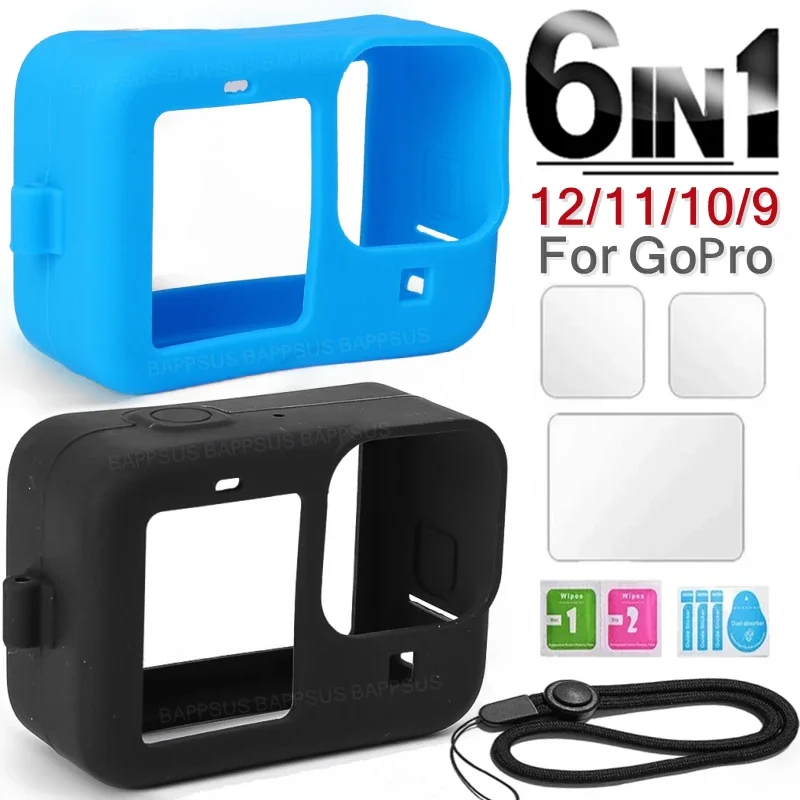 Silicone Case for GoPro Hero 12 11 10 9 Protective Sleeve with Lanyard Screen Protector Tempered Glass Lens Cap Kit For GoPro12