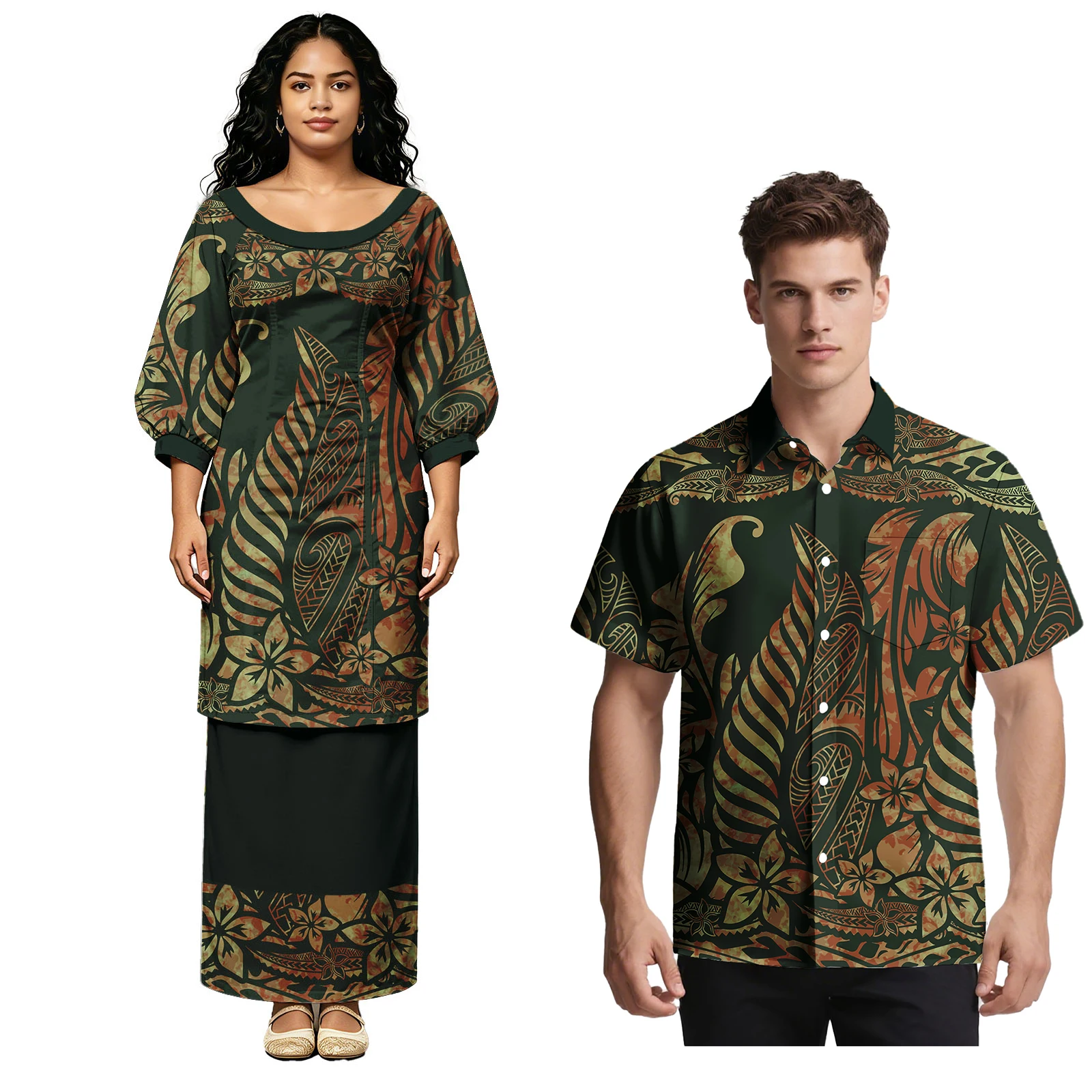 

Church Prom Couple Suit Men Aloha Shirts Ladies Midi Sleeve Samoan Puletasi Dress Polynesian Tribal Design Couple Match Outfits