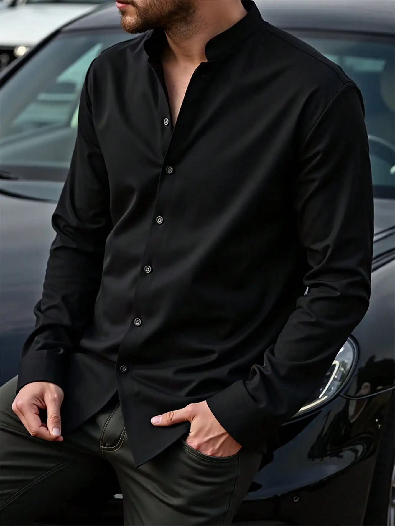 

Men's Black Solid Long Sleeve Mandarin Collar Casual Shirt for Spring Autumn