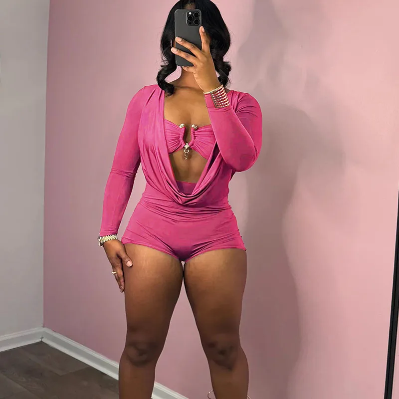 Doyerl-mono de manga larga para mujer, pelele Sexy con escote en V profundo, trajes de fiesta ajustados fruncidos para discoteca, monos cortos de una pieza, otoño 2025