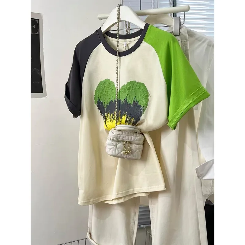 Peach Heart Green Round Neck Chic Short Sleeve T-shirt 2025 Summer New Casual Niche Color-blocking Korean Style Top