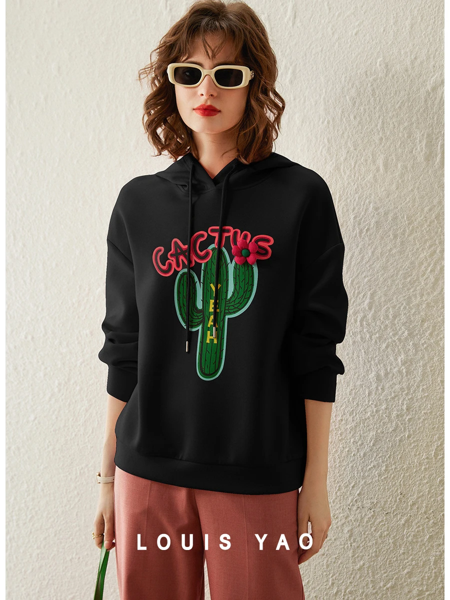 

LOUIS YAO Women Sweatshirt Hoodie 2024 Spring New Long Sleeve Loose Fit Print Letter Pullover Detachable Flower Casual Tops