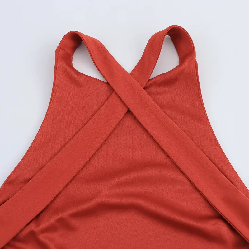 TRAF-Vestidos largos de punto rojos para mujer, vestido Midi con cuello Halter, moda informal, elegante, para fiesta de noche, sin espalda, 2025