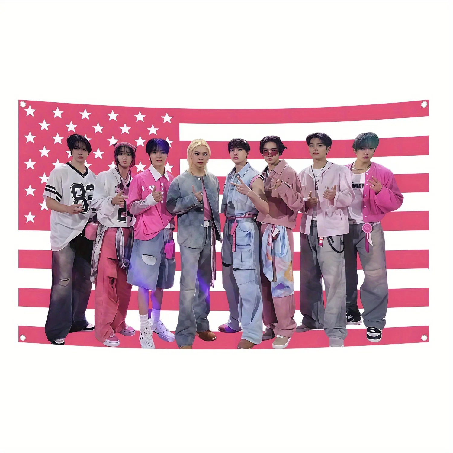 One stray member poster tapestry patriotic design with an American flag background stray concert banner and a skz kpop banner view 5