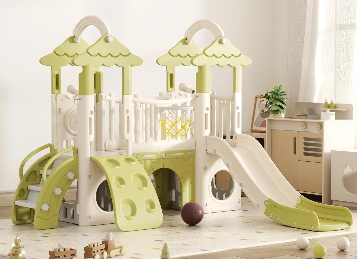 9 in 1 Toddler Slide, Jungle Slide with Basketball Hoop | Tunnel and Storage Space, Outdoor Indoor Slide for Toddlers Age 1+,Tre