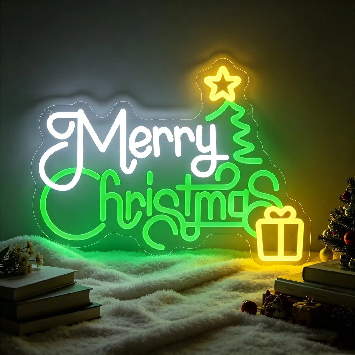`Merry Christmas Tree Gift Neon Sign LED Light, Christmas Wall Neon Light Decor, Xmas Party Bedroom Shop Art Decoration Gift`