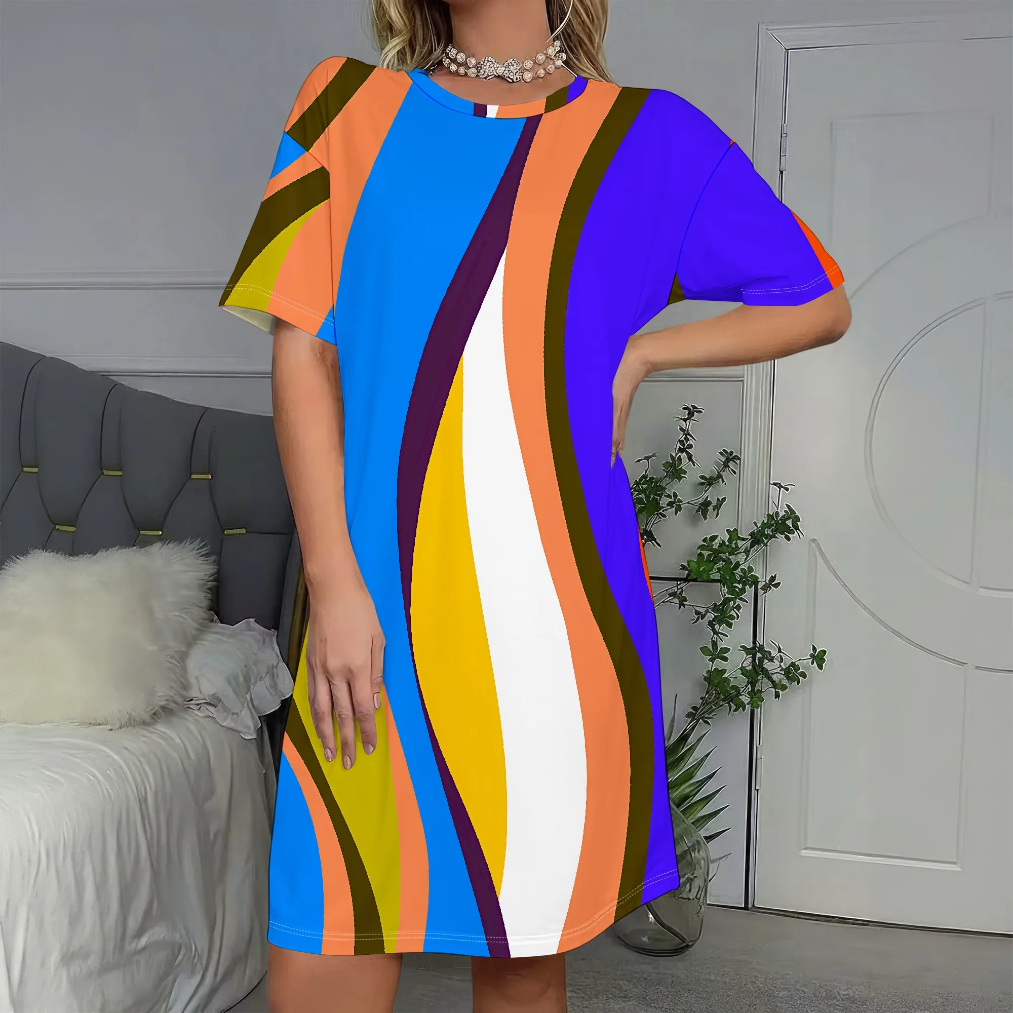 

Abstract Art Print, Short Sleeve Dress, Vibrant Swirls, Colorful Stripes, Boho Casual Wear, Summer Party Outfit, S-2XL