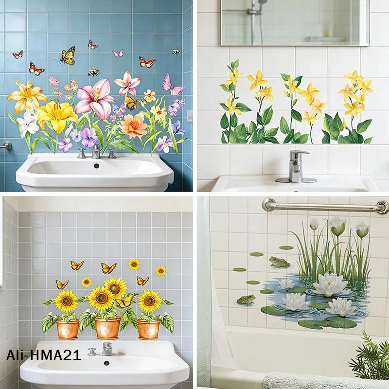 【H】Flower Wall Sticker Removable Self-Adhesive Bathroom Sticker Kitchen Sink Backsplash Decoration Tiles Sticker