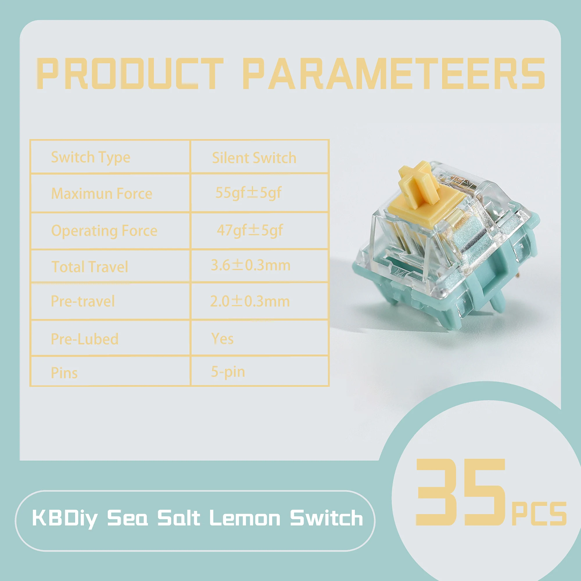 KBDiy Sea Salt Lemon Mechanische Tastatur, leise Schalter, 5-polig, 47gf, vorgeschmiert, POM Creamy Switch, passend für MX-Tastenkappen, Gaming-Tastatur – Detail 2