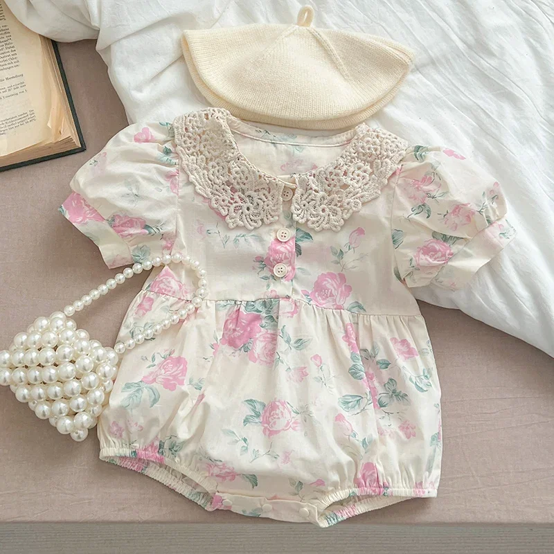 2025 New Summer Infant Baby Girls Bodysuits Short Sleeved Cotton Print Lace Splicing Toddler Baby Jumpsuit Children Clothes