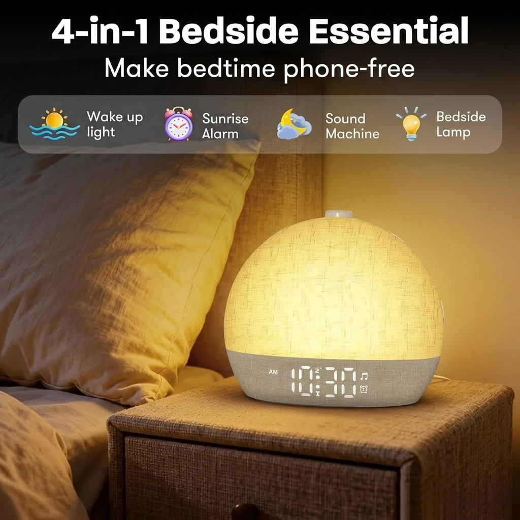 Sunrise Alarm Clock Wake Up Light for Heavy Sleepers, 30 Soothing Sleep Sounds, Dimmable Night Light,for Bedroom Christmas Gift