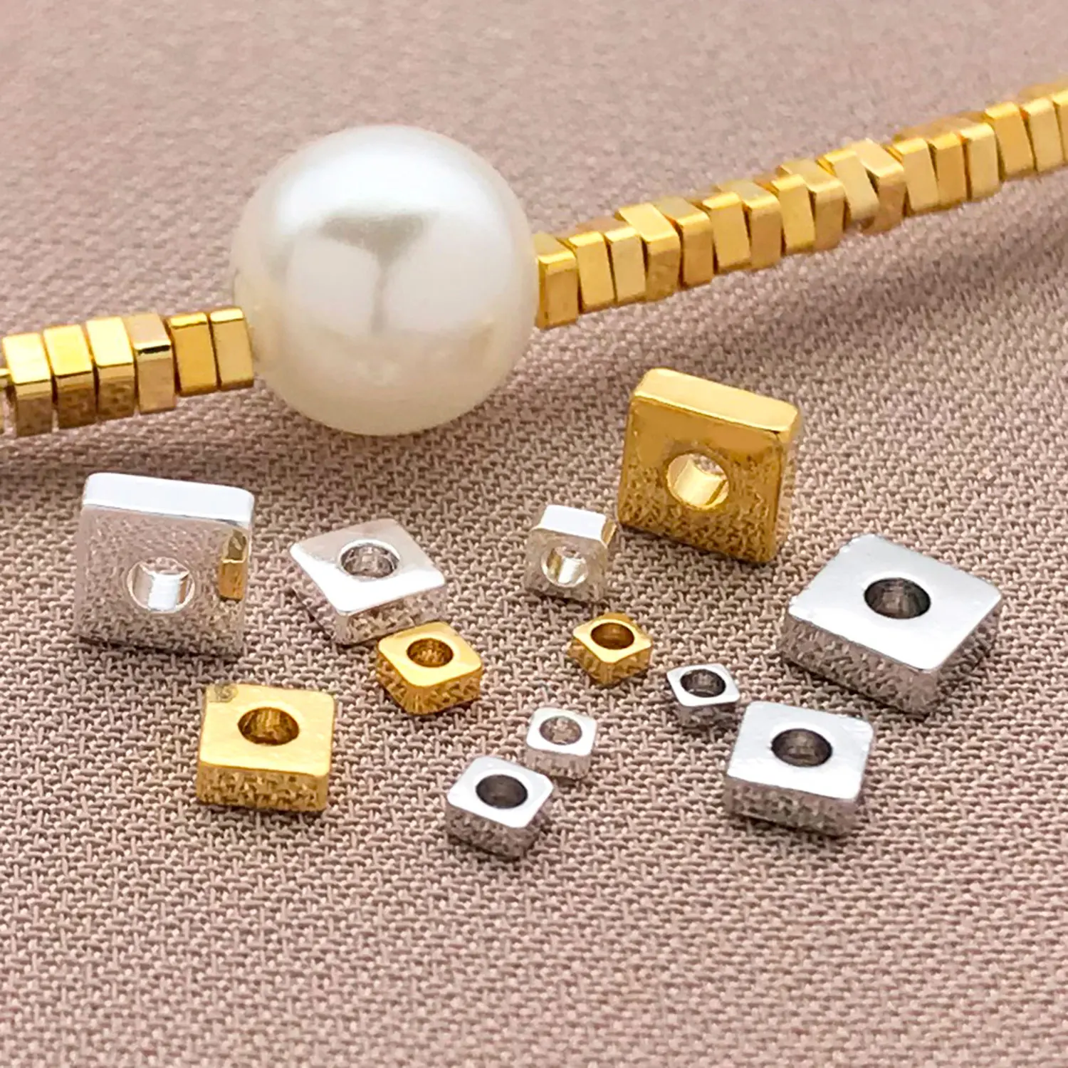Mix 20pcs 18K Copper Plated Real Golden Thick Silvery Platinum Square Spacer Beads, DIY Bracelet Jewelry Making Accessories