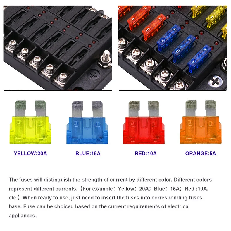 Auto 6/12-teiliger Flachsicherungsblock 12-24V mit LED-Anzeige, wasserdicht, universeller Mehrkreis-Sicherungsblock für Schiffe und Fahrzeuge – Detail 2
