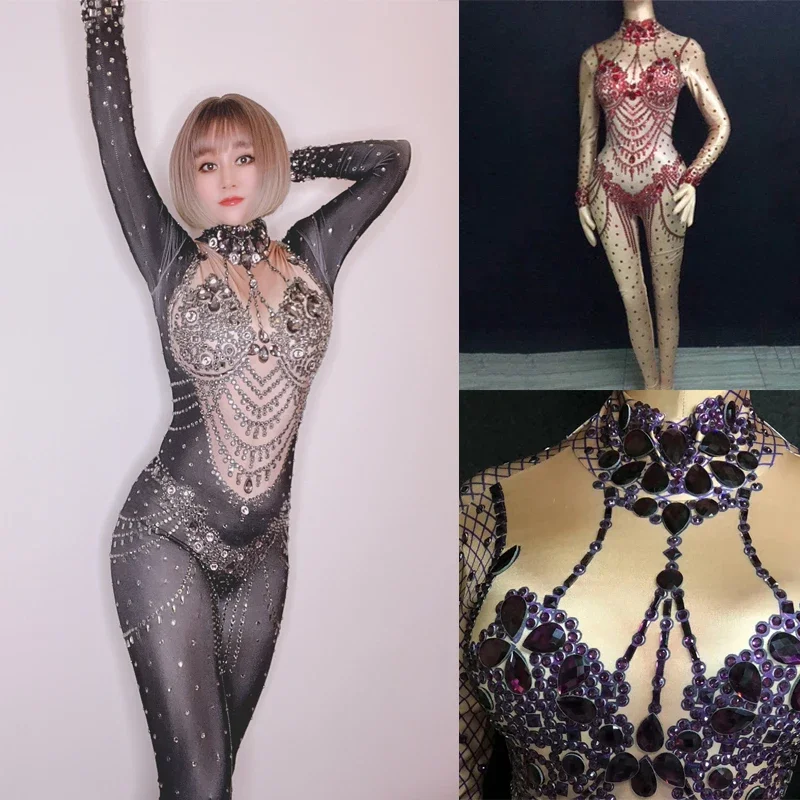 

Black Red Purple Rhinestones Jumpsuit Nightclub Dj Ds Pole Dance Clothing Women Stage Performance Costumes Rave Outfit