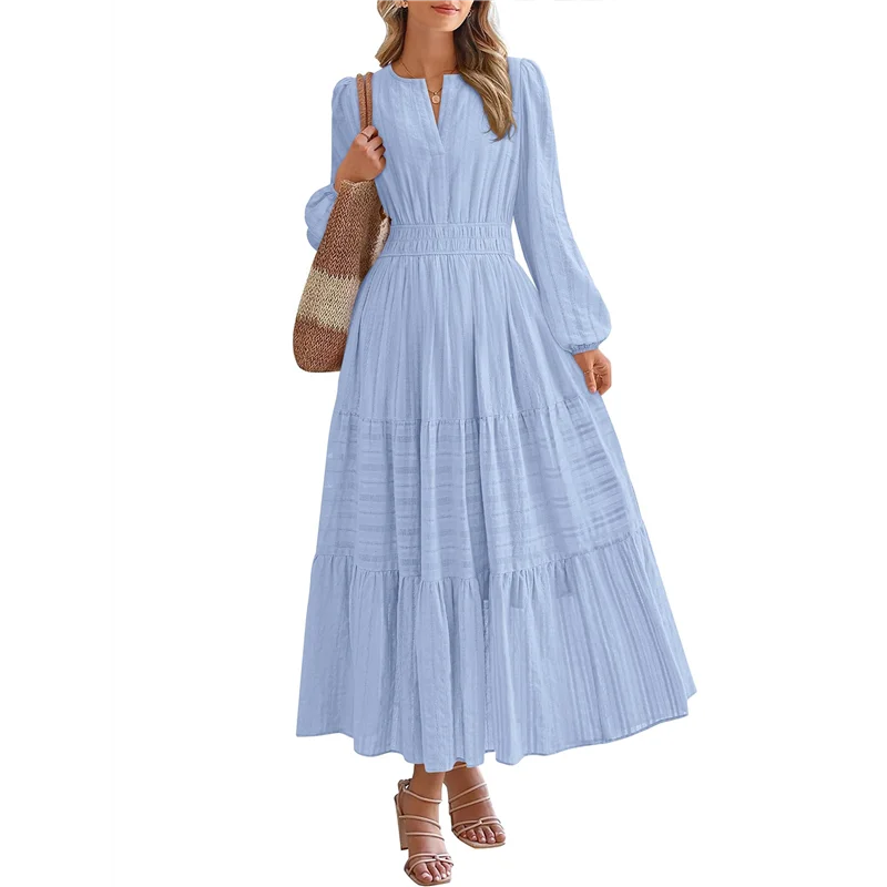 ABRT-女性用秋カジュアル長袖Vネックゴムウエスト軽量マキシ丈ウェディングゲストドレスポケット付き