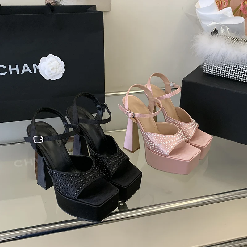 15cm Chunky Platform Shoes Pink High Heels Sandals For Woman Summer Ladies Party Shoes Fashion Pearl Heeled Sandals Big Size 41 view 2