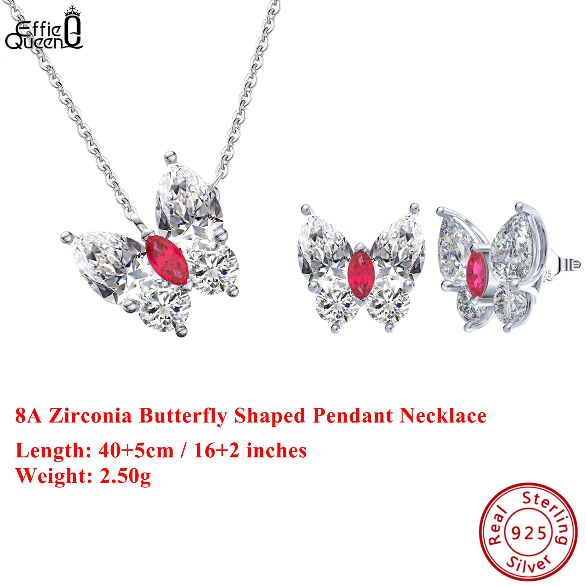 

EFFIE QUEEN 100% S925 Silver Butterfly Shaped Zirconia Pendant Necklace Fine Jewelry for Women Wedding Party Banquet Gift LZN08