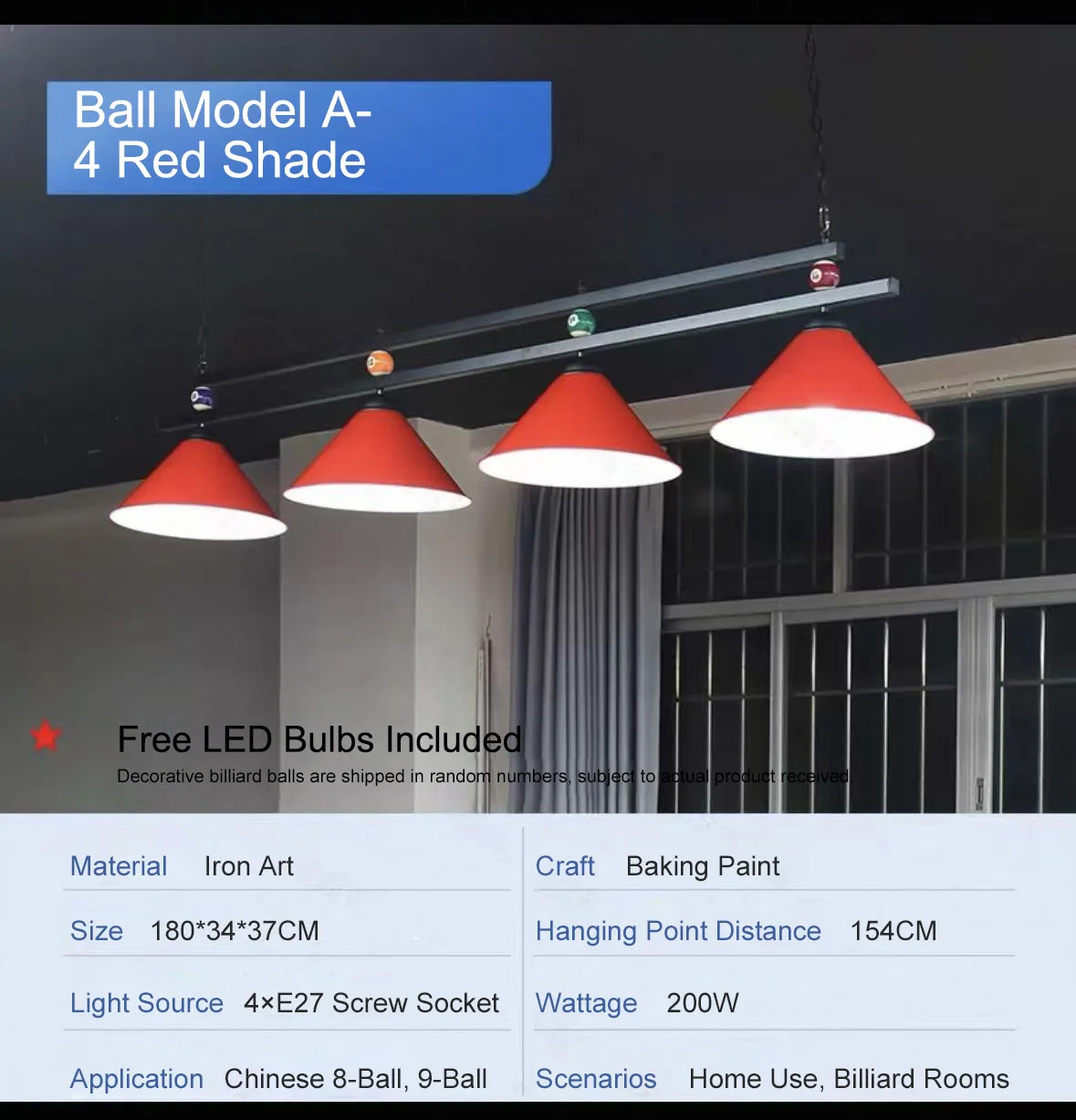 Wholesale  Price Classic Style Pool Billiard Table Light 4 Head  Lamp Metal Tube with Ball Decoration  for Club Illumination