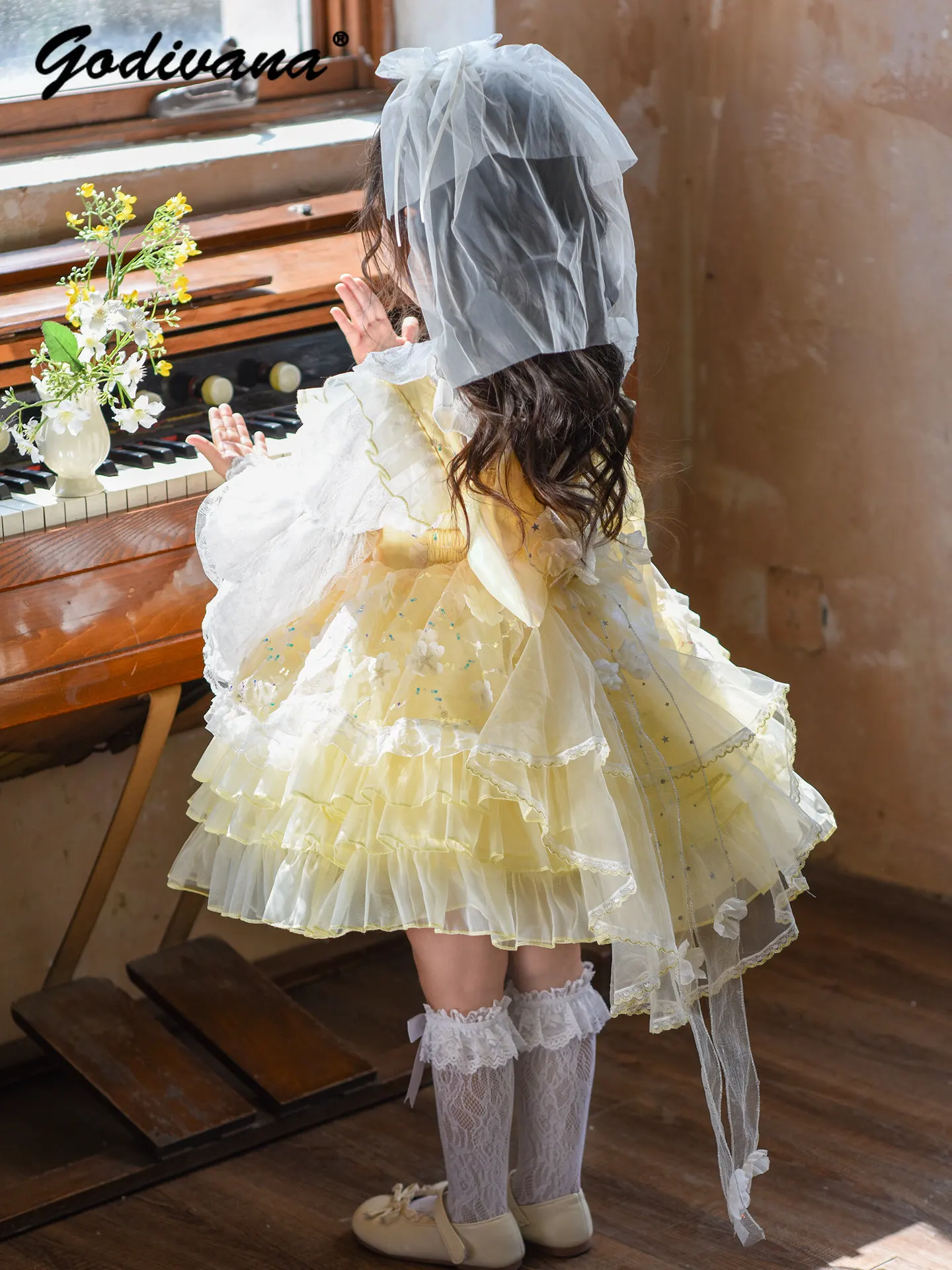 Sweet Baby Girls High End Heavy Lolita Princess Dress All Season Kids Bow Tulle Cake Tutu Dress and White Lace Bottom Shirt Set