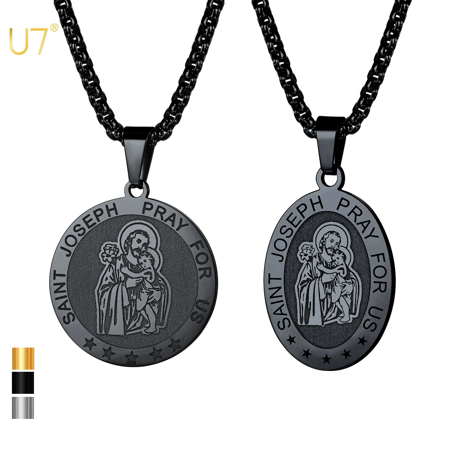 U7 Saint Joseph Pendant Necklace 316L Stainless Steel Oval / Round Pendant with 20