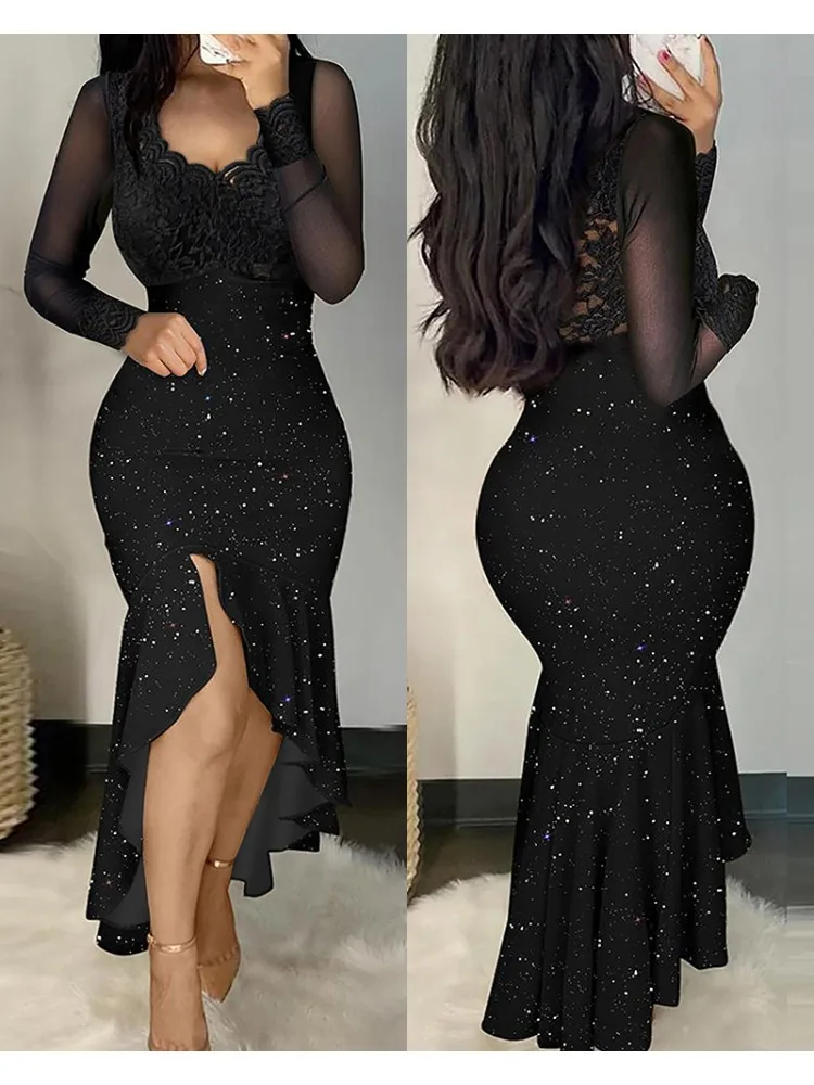 Fall Fshion Women Glitter Chic Lace Patchwork Deep V Neck Long Sleeves High Silt Maxi Mermaid Bodycon Formal Party Dresses